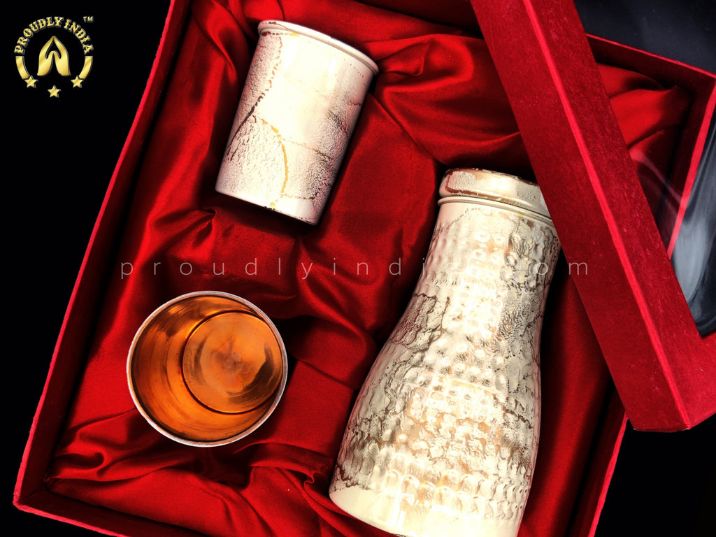 White Copper Water Bottle 1 Liter with 2 Glasses S9397