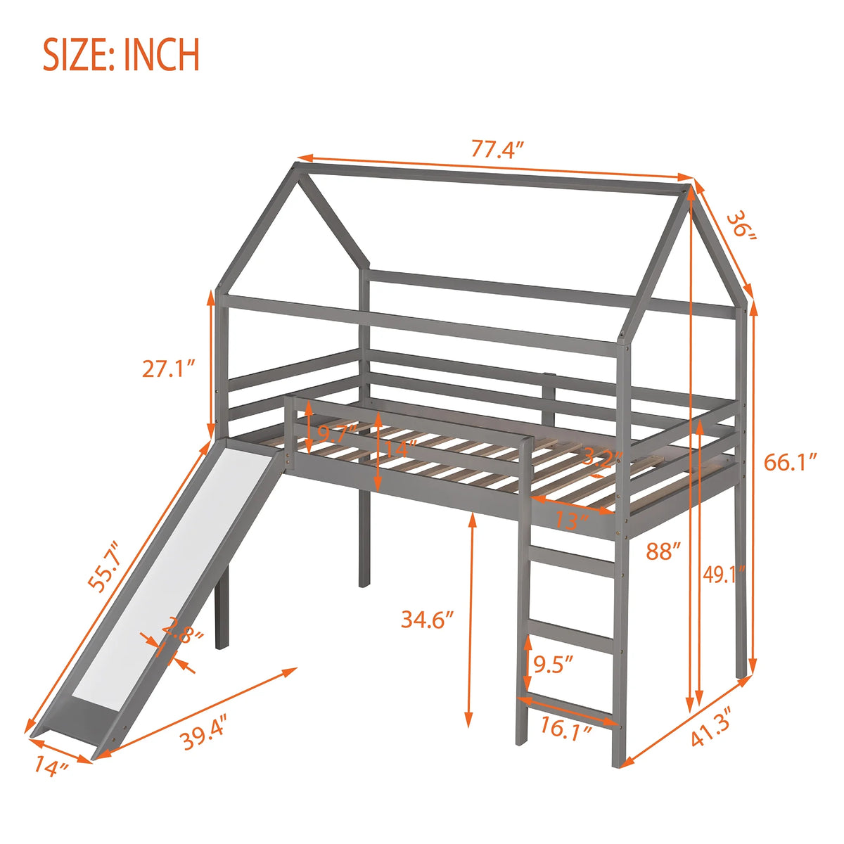Twin Wood Loft Bed with Slide and Ladder G2655