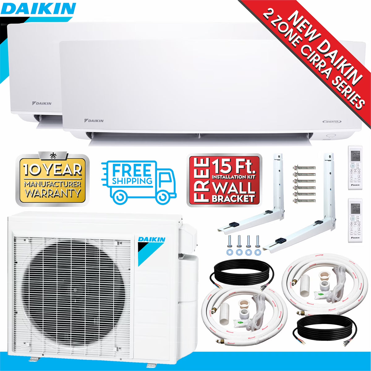 2-Zone Mini Split Air Conditioner Heat Pump System with 15 ft. Installation Kit and Wall Bracket B54091