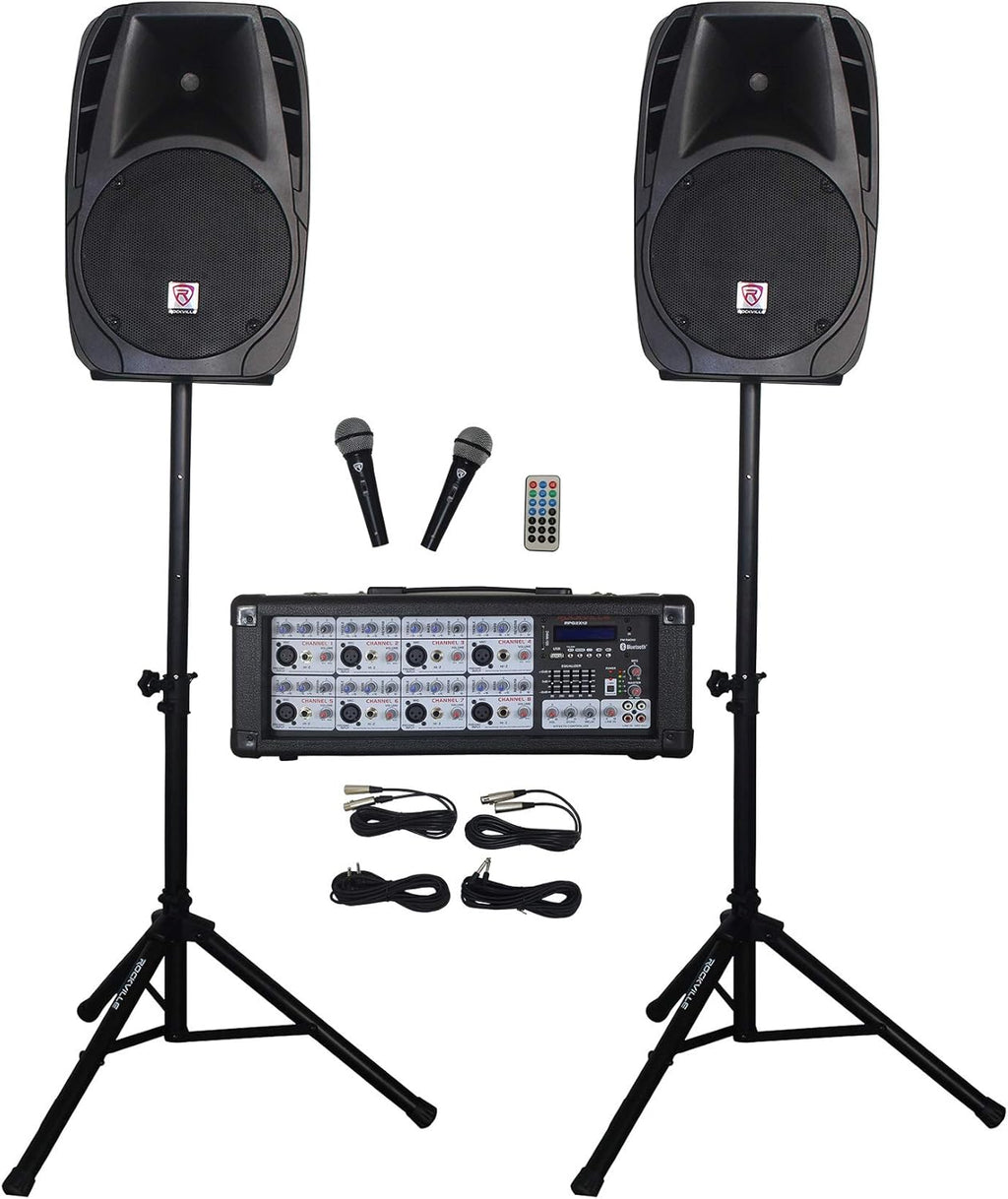 12" Speakers PA System Package with Mixer, Stands, Mics, Bluetooth U27038