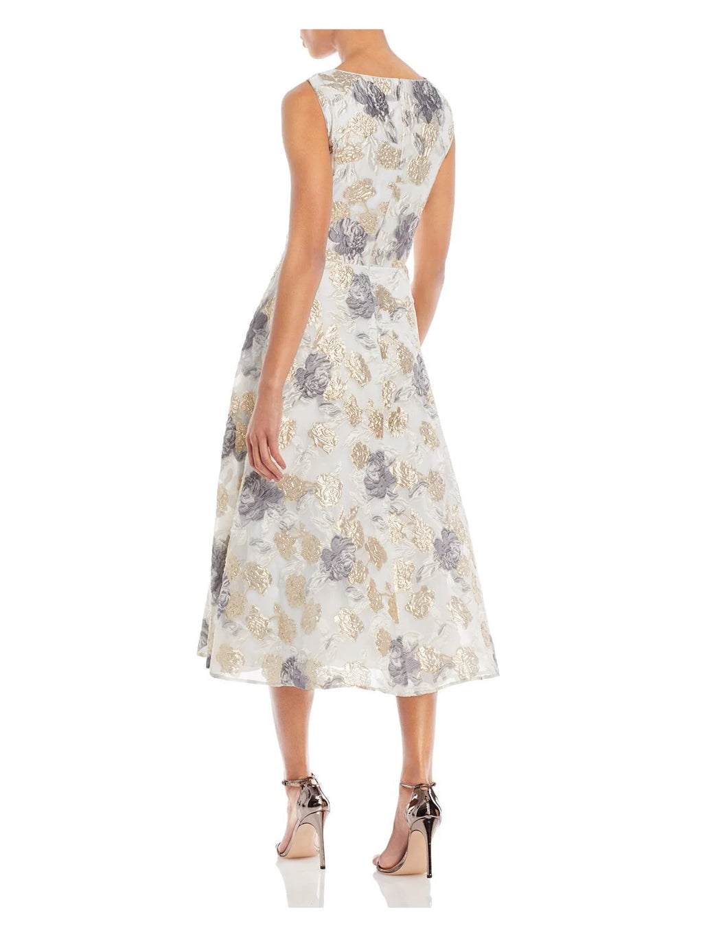 Gray Zippered Pleated Lined Tulle Pocketed Floral Sleeveless V Neck Midi Fit + Flare Dress F883453