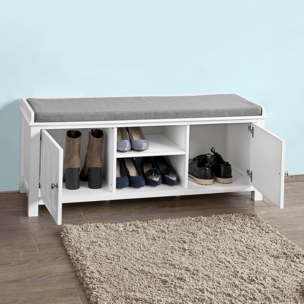 White Shoe Storage Bench with 2 Doors and Removable Seat Cushion W478