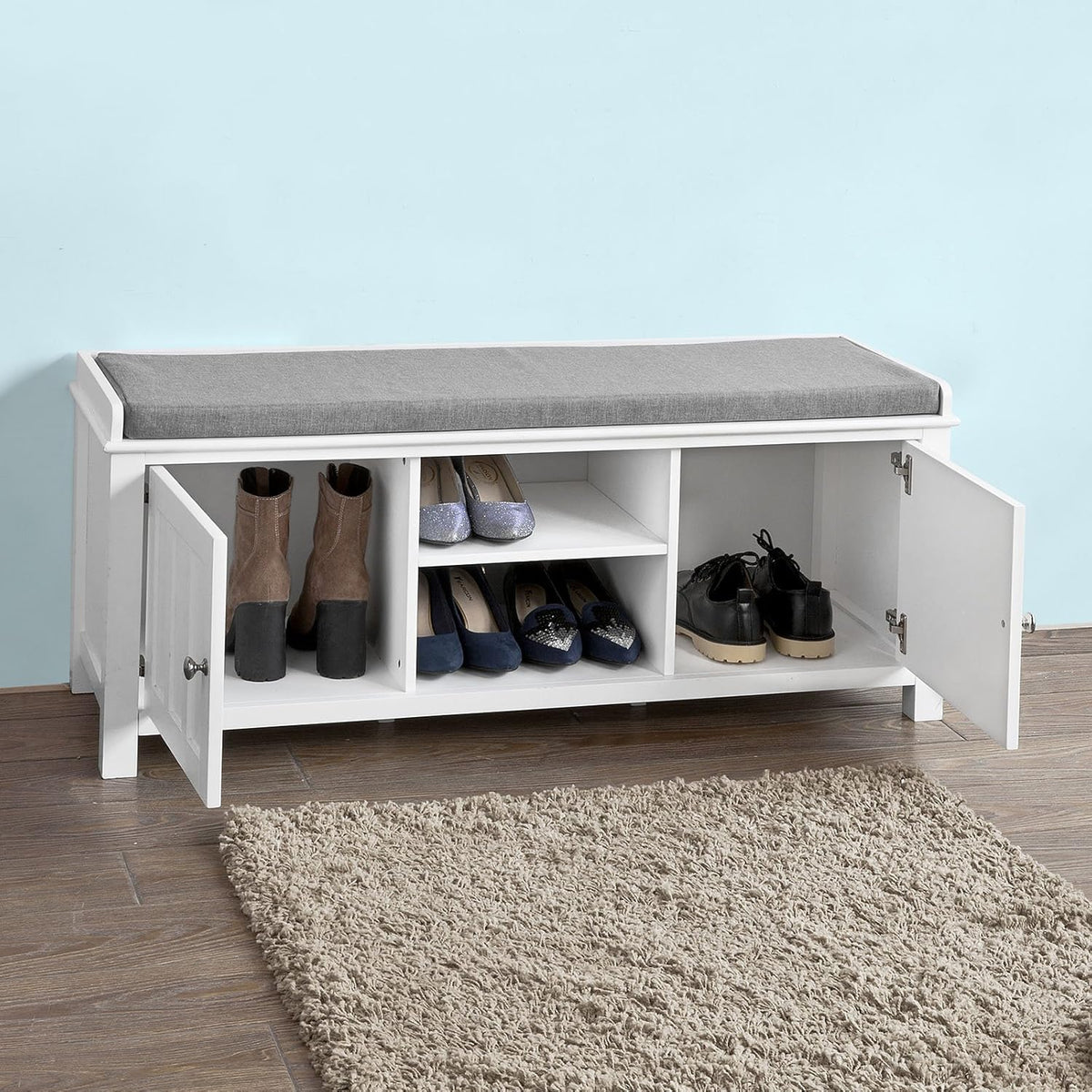 White Shoe Storage Bench with 2 Doors and Removable Seat Cushion W478