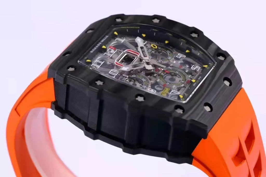 Skeleton Dial Black Bezel Orange Rubber Strap O555