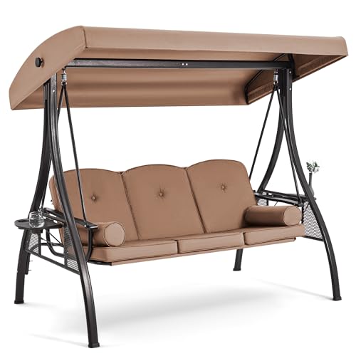 3 Person Outdoor Porch Swing with Cup Holder, Canopy, Cushions H479642