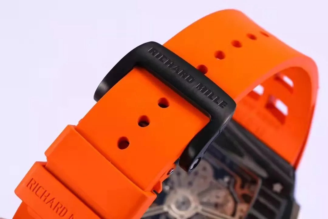 Skeleton Dial Black Bezel Orange Rubber Strap O555