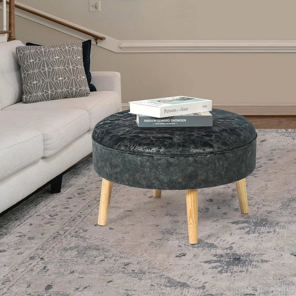 Small Round Velvet Ottoman with Wooden Legs L6725