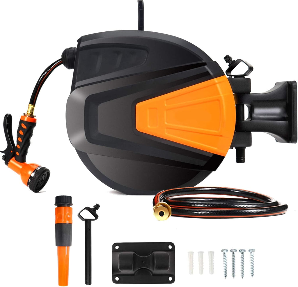 Black Wall Mounted Garden Hose Reel with Sprayer Nozzle L972