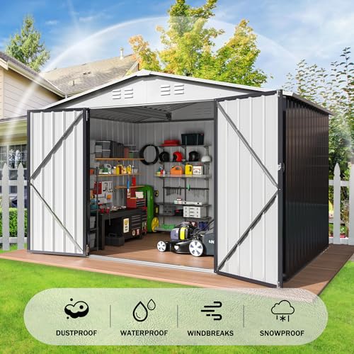 10x14 White Metal Storage Shed with Lockable Doors T2151