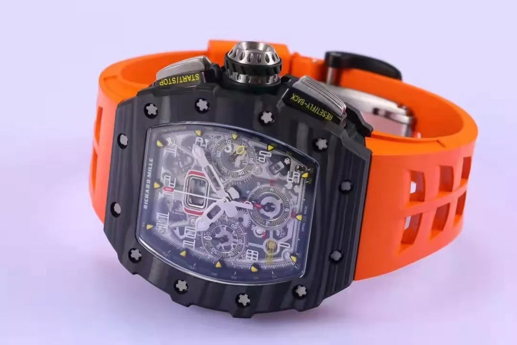 Skeleton Dial Black Bezel Orange Rubber Strap O555