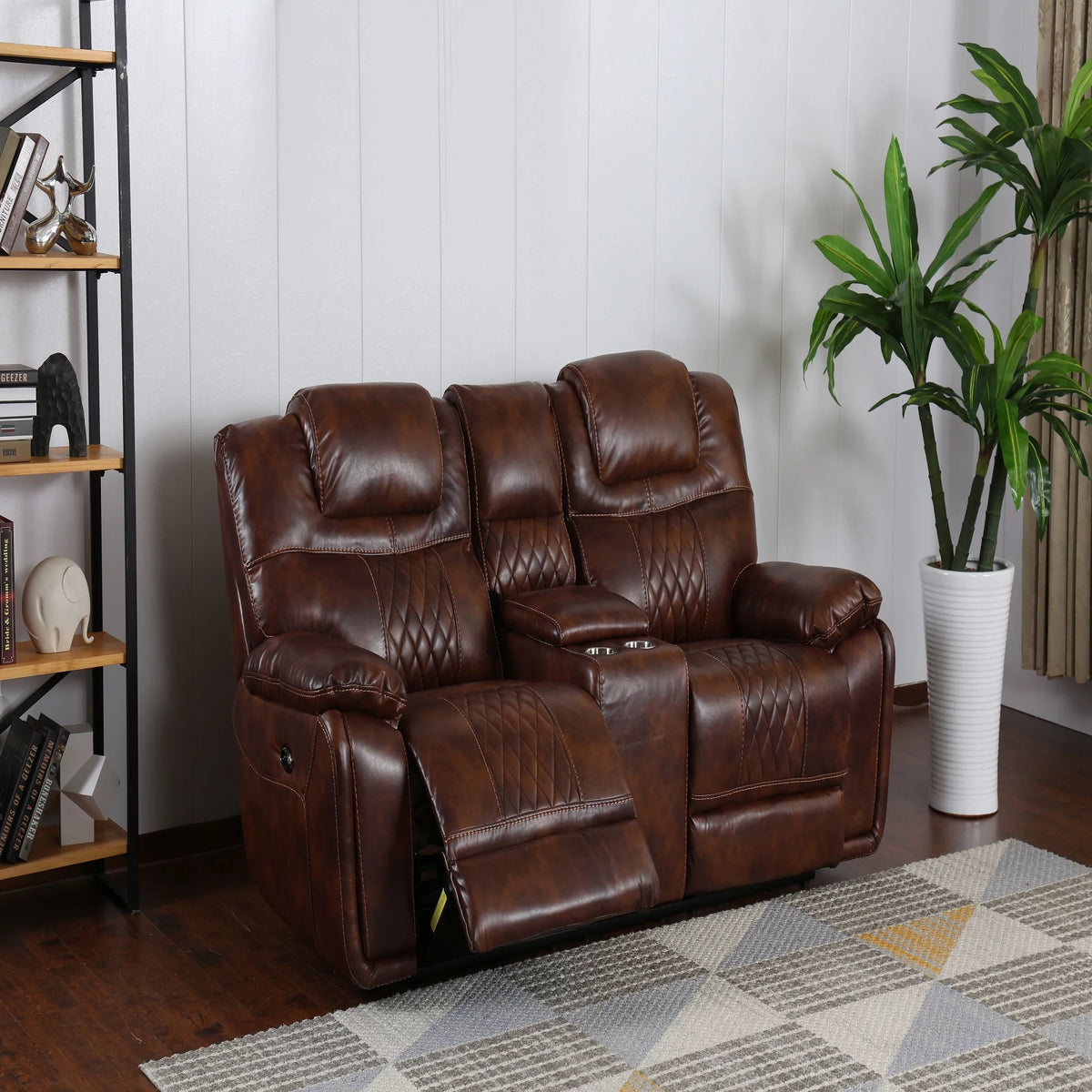 Rich Brown Leather Power Dual Reclining Loveseat with Center Console H589958