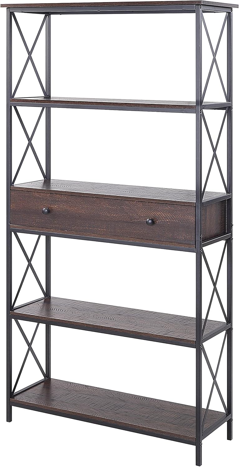 5-Tier Walnut Finish Metal Bookcase with Drawer O2373