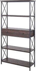 5-Tier Walnut Finish Metal Bookcase with Drawer O2373