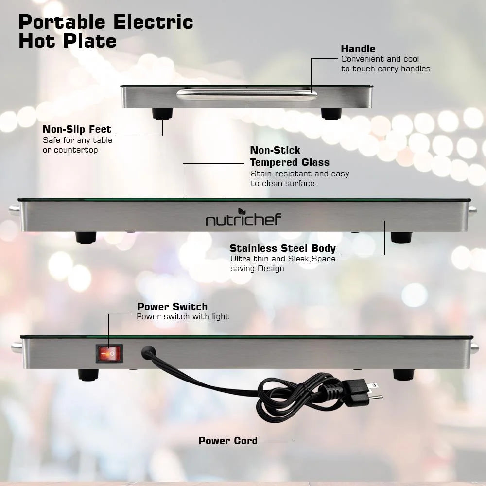 Electric Hot Plate Tray Dish Warmer with Black Glass Top A99936
