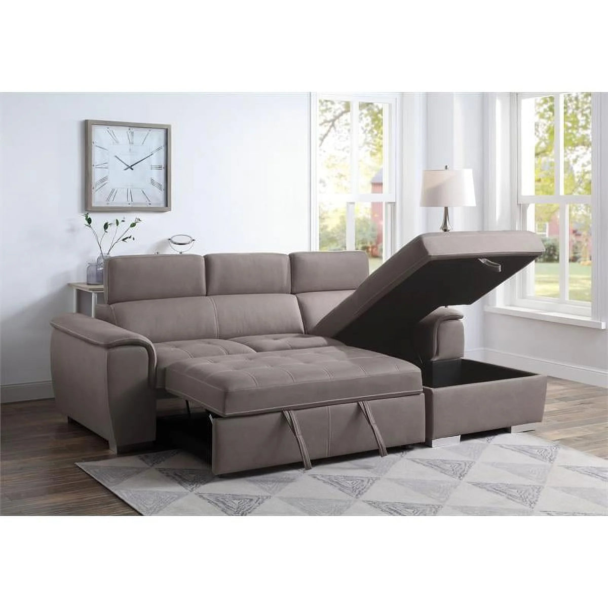 Light Brown Fabric Sleeper Sectional Sofa with Storage J88274
