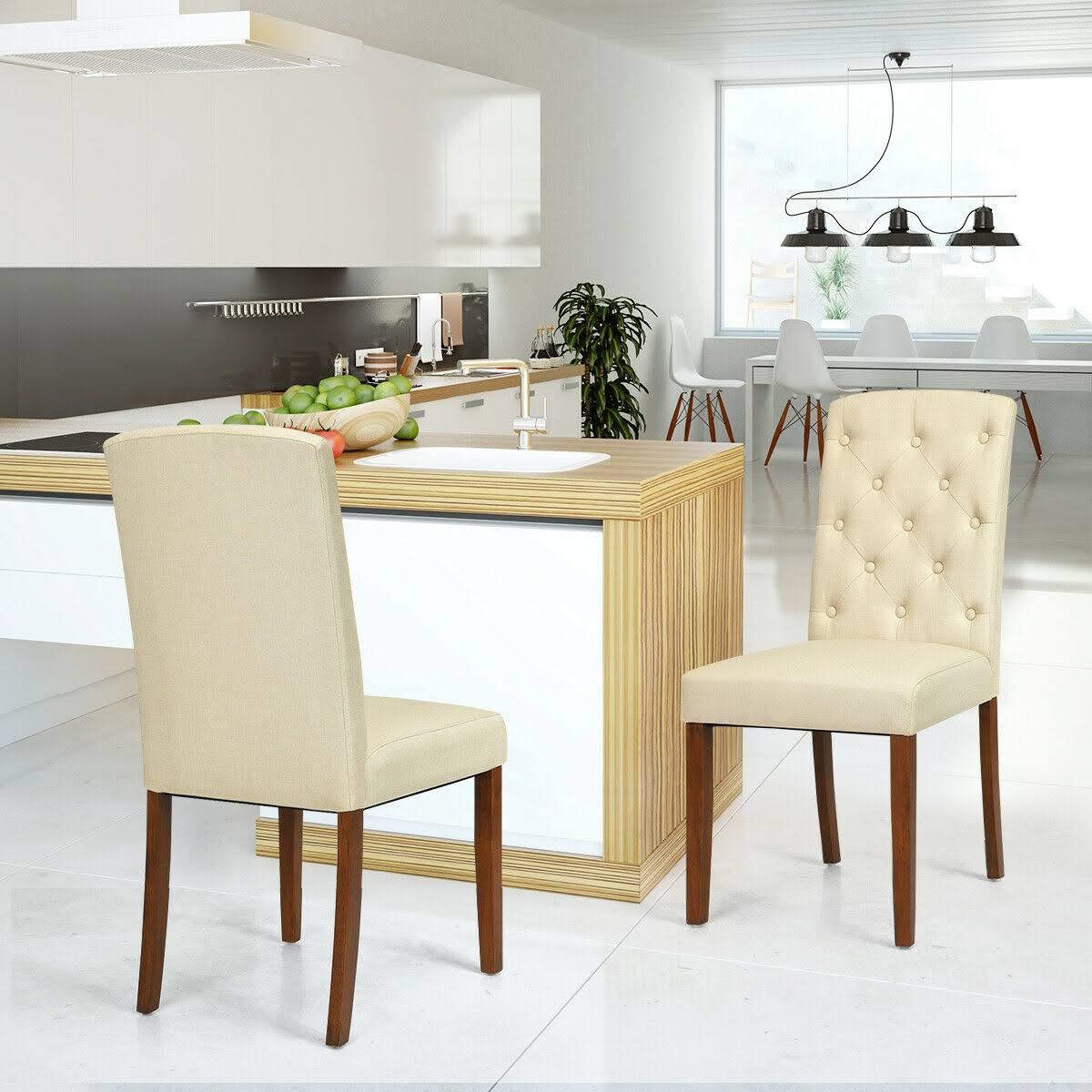 Beige Fabric Wood Accent Dining Chair Set of 2 P5217