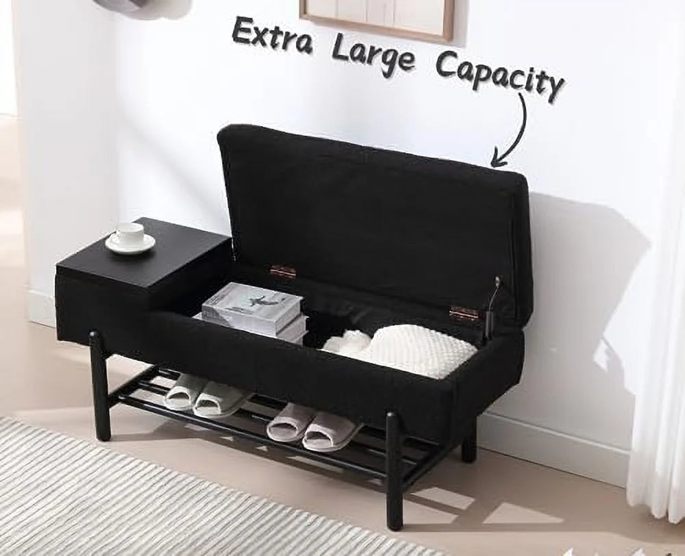 Leather Ottoman Bench with Wood Shoe 45 Inches PU Black Y7305