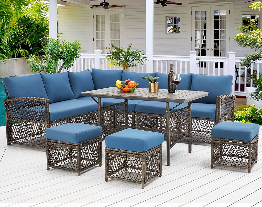 7-Piece Rattan Wicker Sectional Sofa and Dining Table Set A808