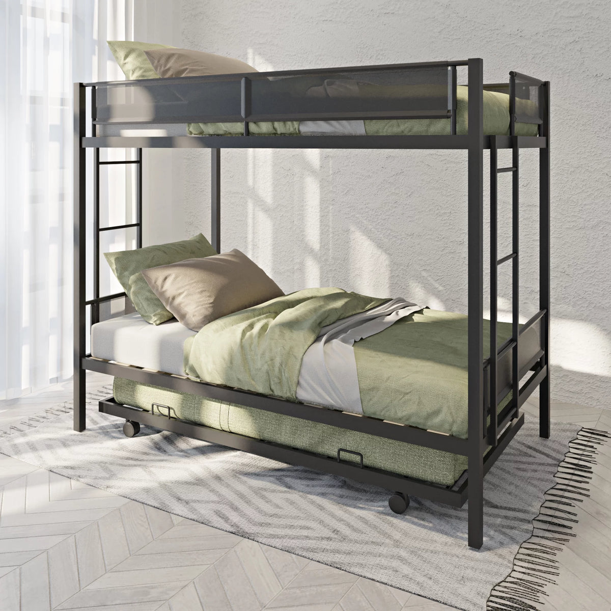 Twin Over Twin Metal Bunk Bed with Trundle and Ladder A28354