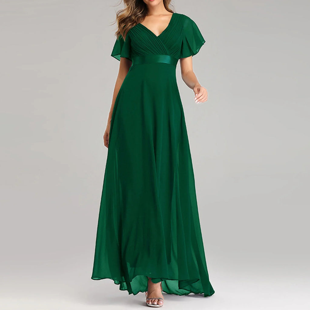 Green Crew Neck Ruffle Short Sleeve Maxi Dress P979673