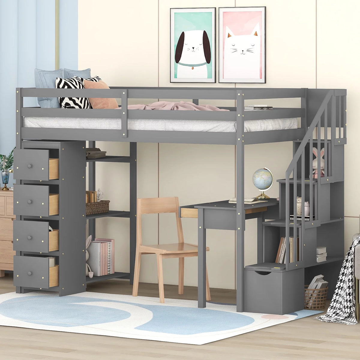 Twin Size Wooden Loft Bed with Desk and Stairs S81834