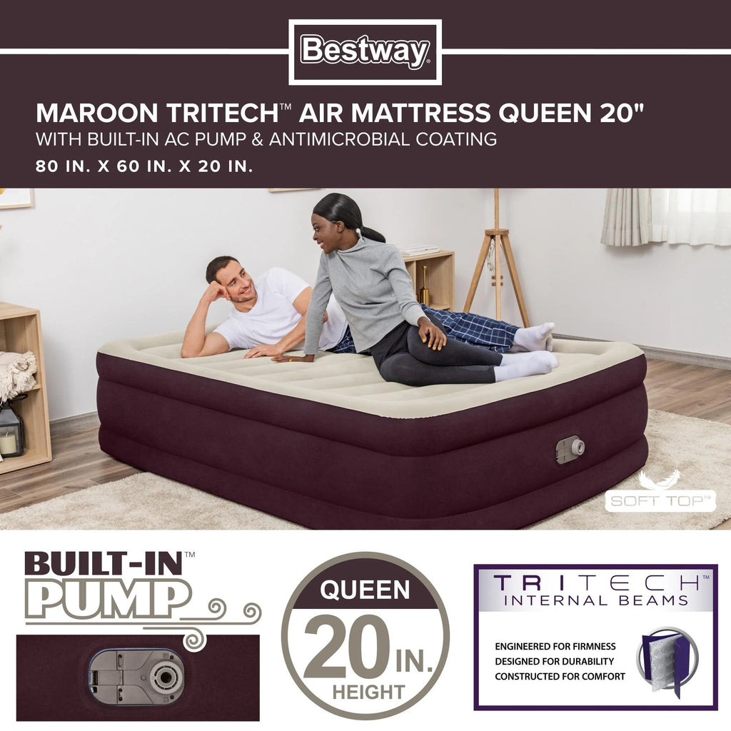 Maroon Queen Air Mattress with Built-in Pump J8158