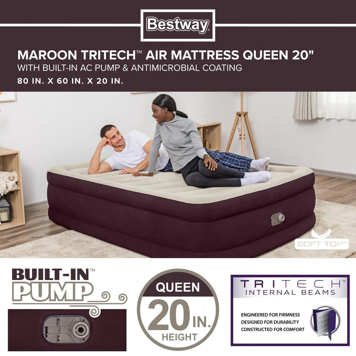 Maroon Queen Air Mattress with Built-in Pump J8158