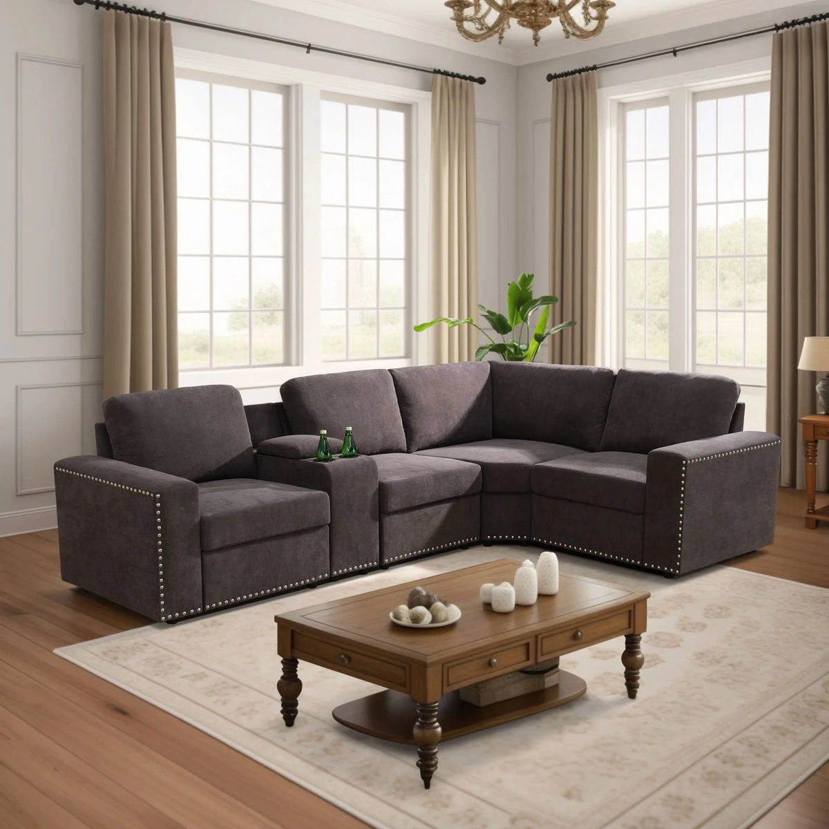 Brown 5-Pieces USB Power Outlet Sofa Set Y4786