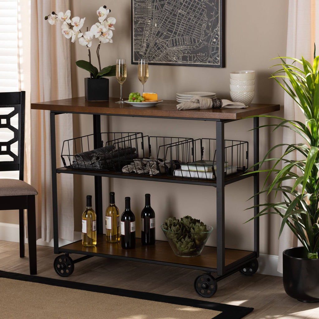 Walnut Brown Finished Wood and Black Finished Metal Console Cart J56962