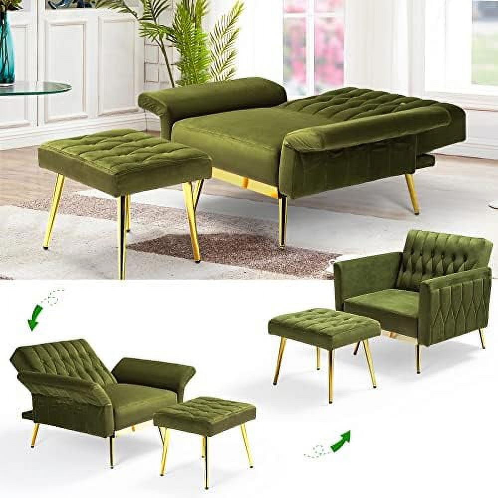 Olive Green Velvet Single Recliner Armchair with Ottoman and Pillow O28773