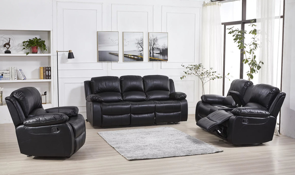 Black Bonded Leather Reclining Sofa 3 Piece Set S37572