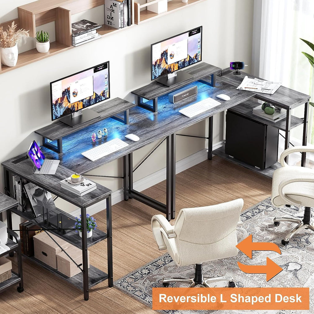 Black Oak L Shaped Desk with Power Outlet and USB Ports H342745