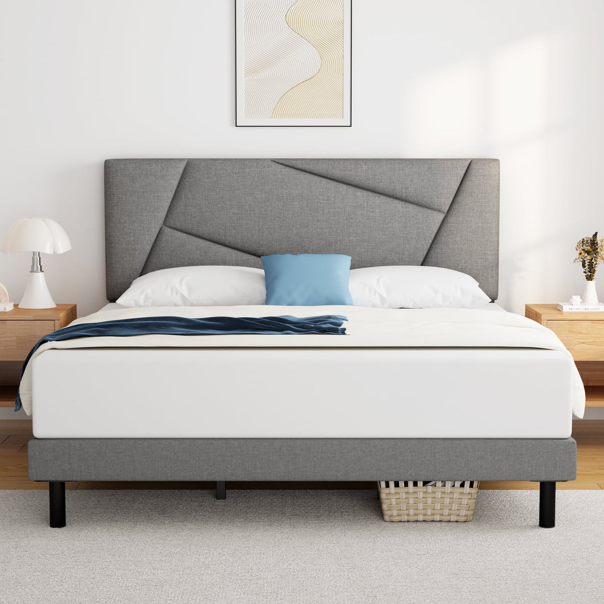 Queen Size Fabric Upholstered Platform Bed Frame C8277
