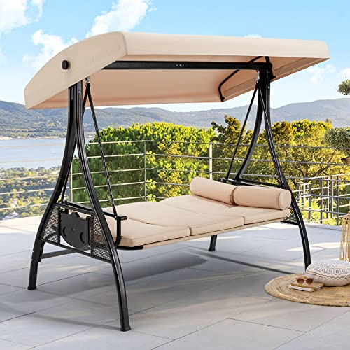 3 Person Outdoor Porch Swing with Cup Holder, Canopy, Cushions H479642
