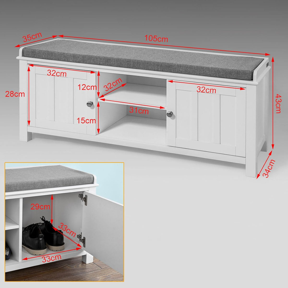 White Shoe Storage Bench with 2 Doors and Removable Seat Cushion W478