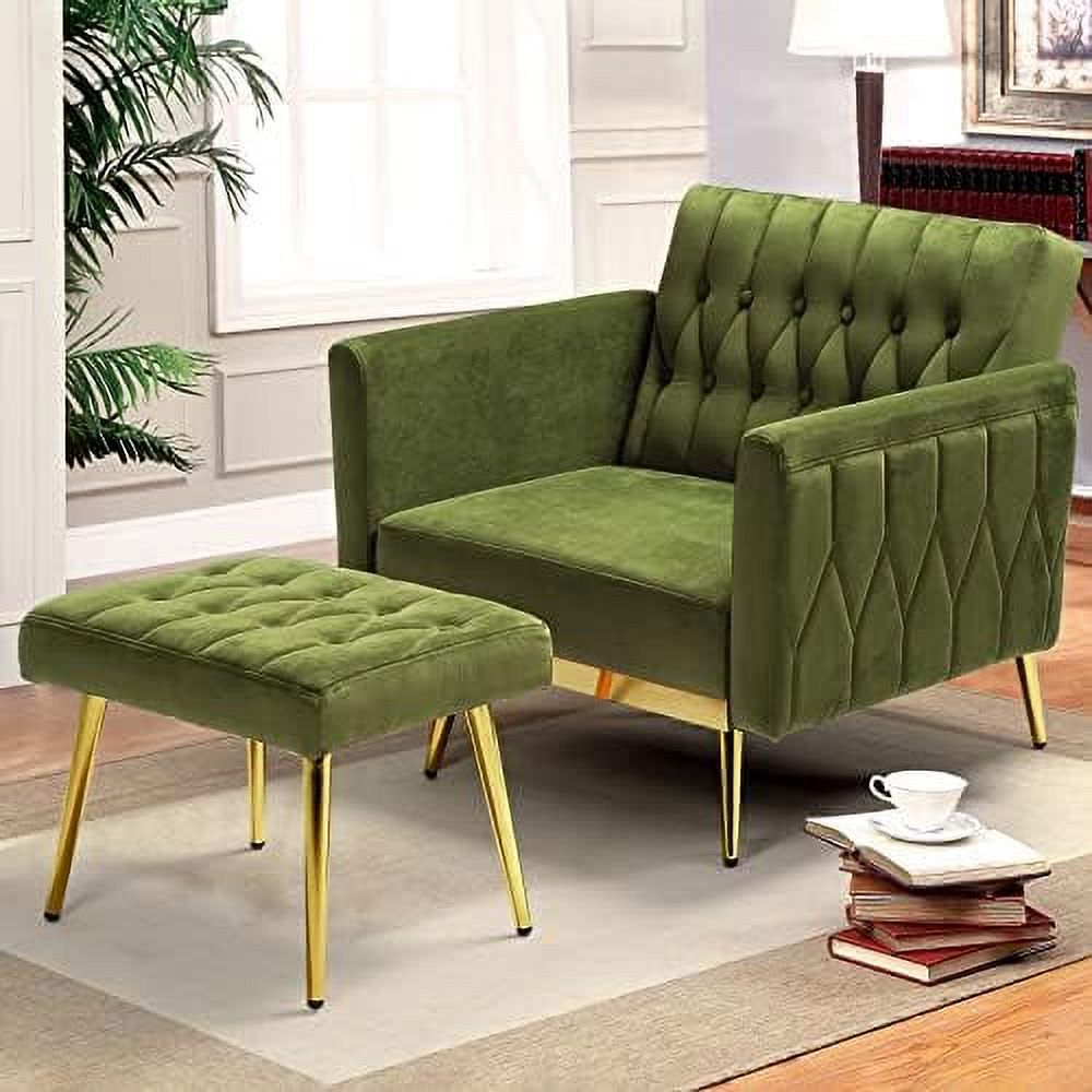 Olive Green Velvet Single Recliner Armchair with Ottoman and Pillow O28773