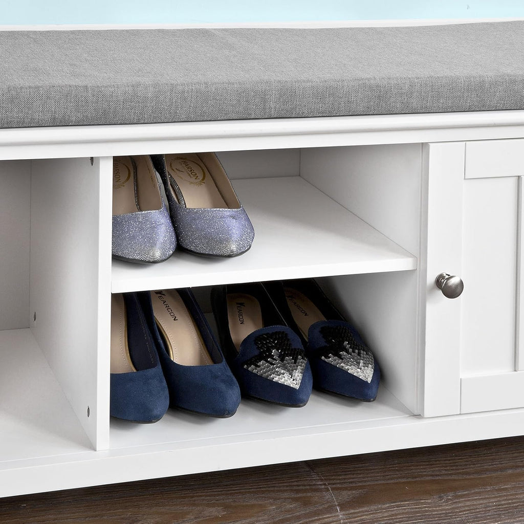 White Shoe Storage Bench with 2 Doors and Removable Seat Cushion W478