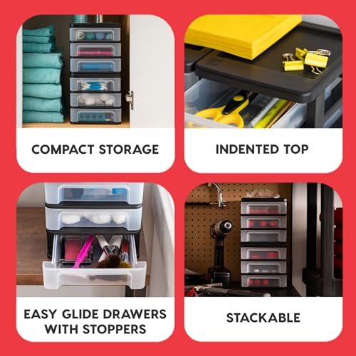 Black Plastic 3-Drawer Stacking Storage Organizer, 2-Pack L508