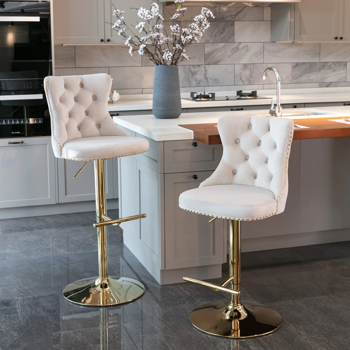 Beige Velvet Swivel Bar Stools Set of 2 with Back Q1129
