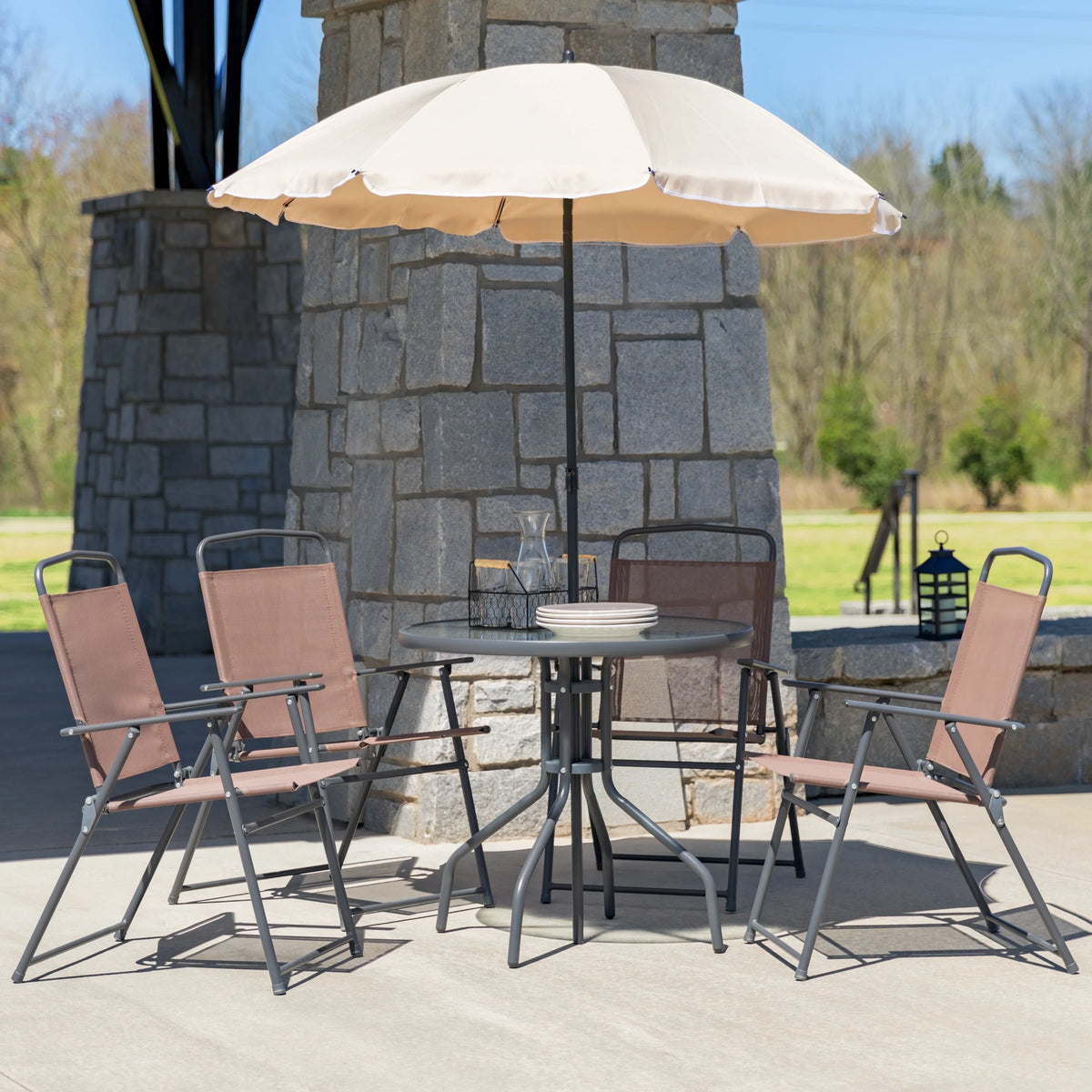 6-Piece Patio Set with Glass Table, Umbrella, and 4 Folding Chairs, Black T737