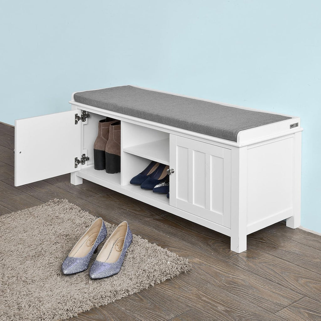 White Shoe Storage Bench with 2 Doors and Removable Seat Cushion W478