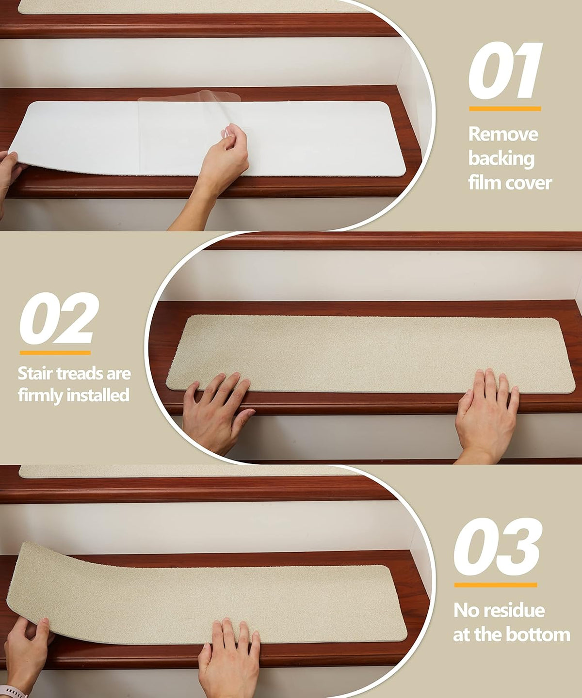 14 Pcs Beige Non Slip Stair Treads with TPE Backing D42113