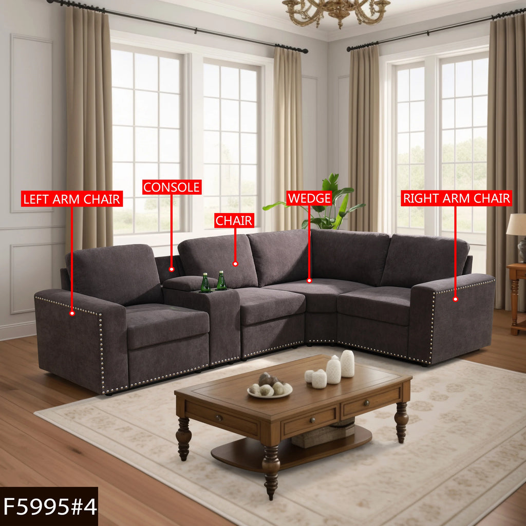 Brown 5-Pieces USB Power Outlet Sofa Set Y4786