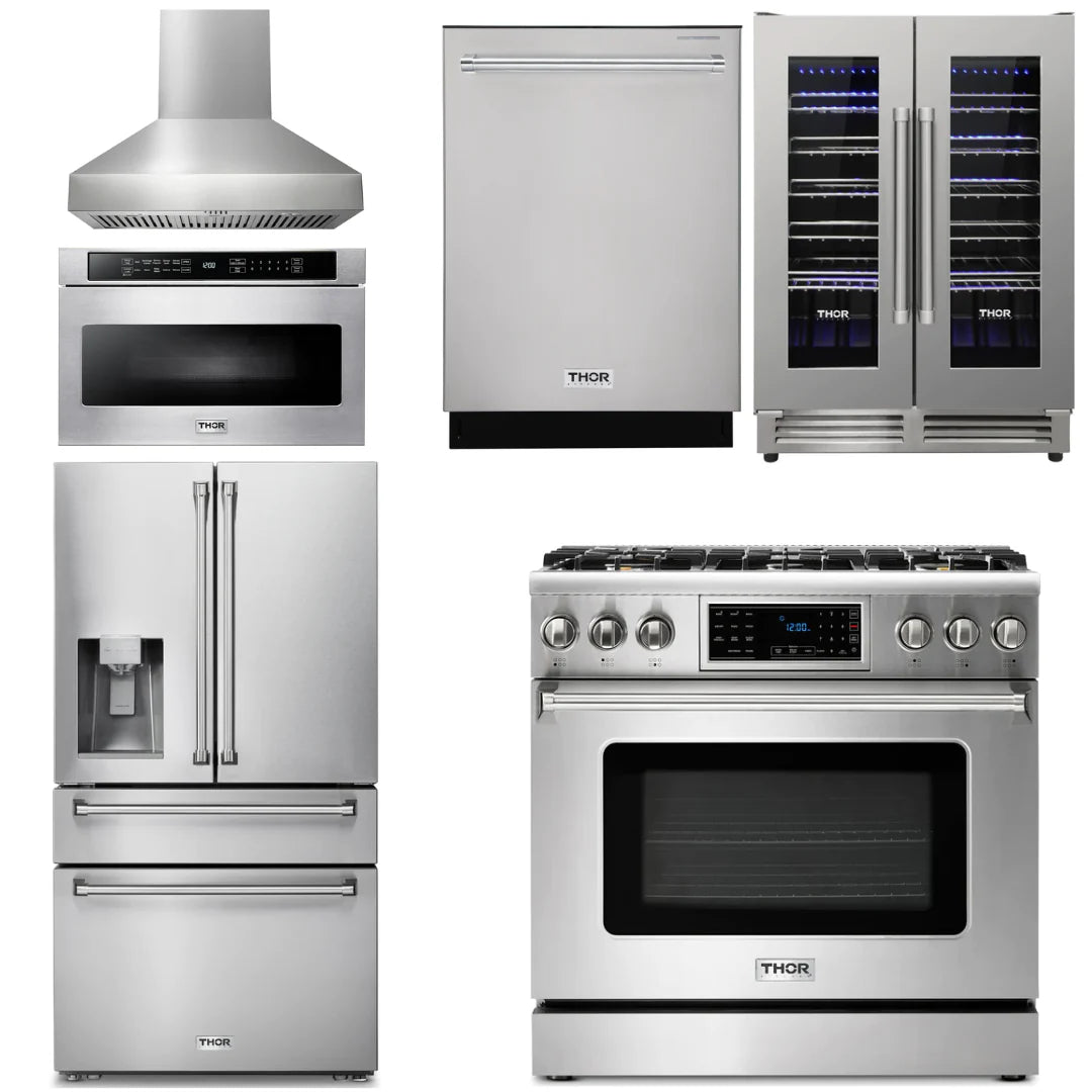 36 Gas Range, Range Hood, Microwave, Refrigerator, Dishwasher, Wine Cooler D1072