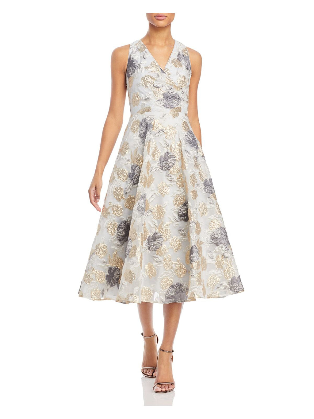 Gray Zippered Pleated Lined Tulle Pocketed Floral Sleeveless V Neck Midi Fit + Flare Dress F883453