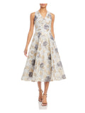 Gray Zippered Pleated Lined Tulle Pocketed Floral Sleeveless V Neck Midi Fit + Flare Dress F883453