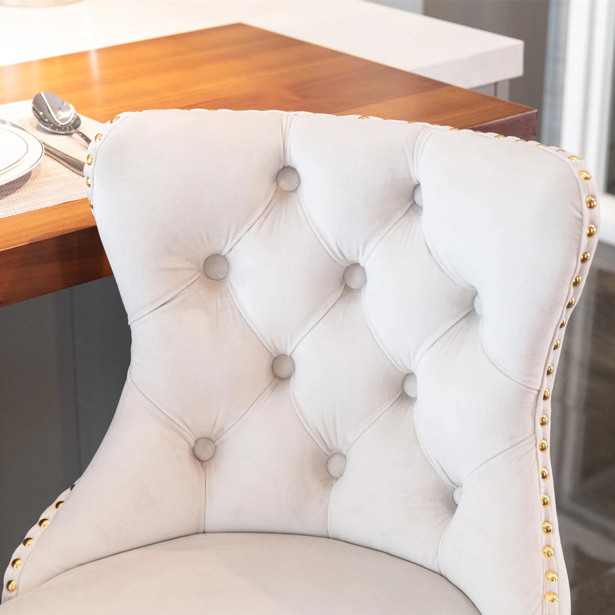 Beige Velvet Swivel Bar Stools Set of 2 with Back Q1129