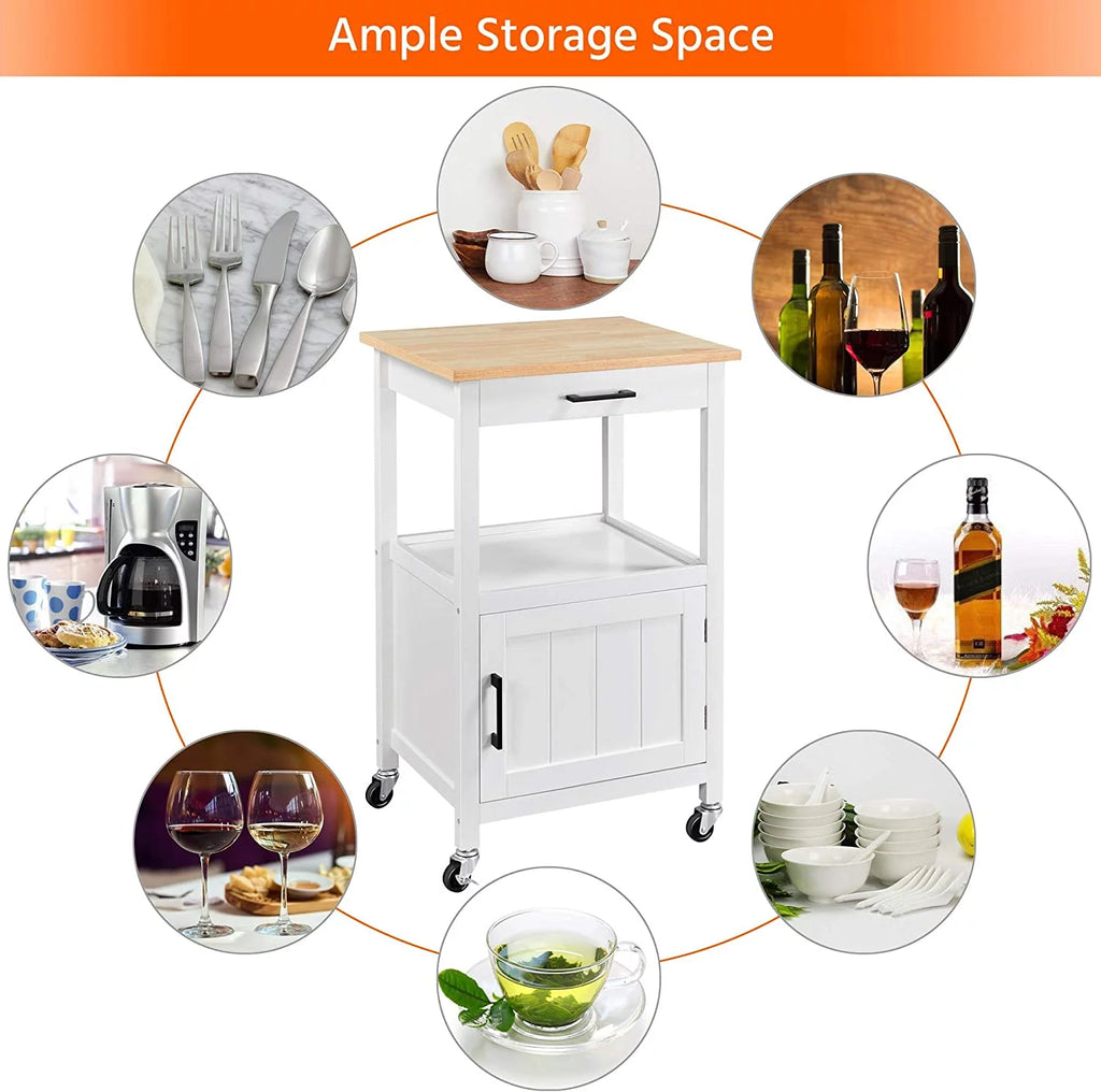 White Rolling Kitchen Island with Single Door Cabinet A861