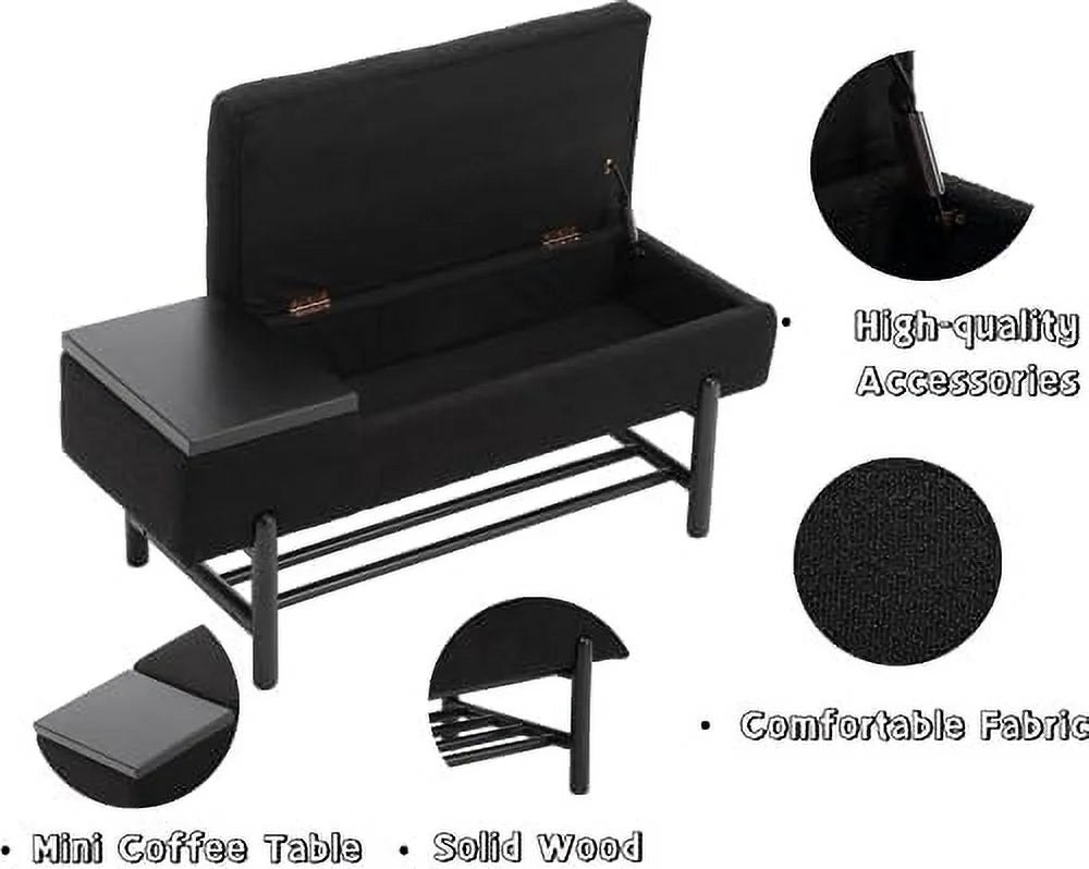 Leather Ottoman Bench with Wood Shoe 45 Inches PU Black Y7305