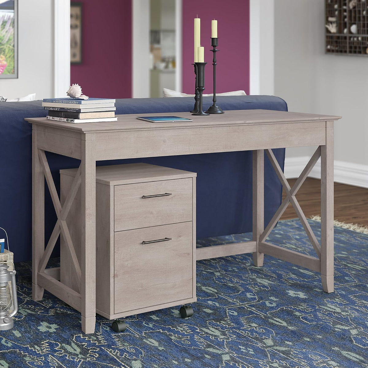 54W Computer Desk with Storage and 2 Drawer Mobile File Cabinet, Pure White Oak H639348